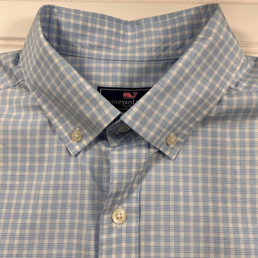 Vineyard Vines Classic Fit Tucker Shirt Mens M Blue White Gingham Plaid Stretch